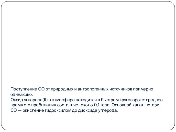 Поступление CO от природных и антропогенных источников примерно одинаково. Оксид углерода(II) в