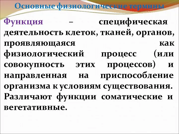 Основные физиологические термины Функция – специфическая деятельность клеток, тканей, органов, проявляющаяся как