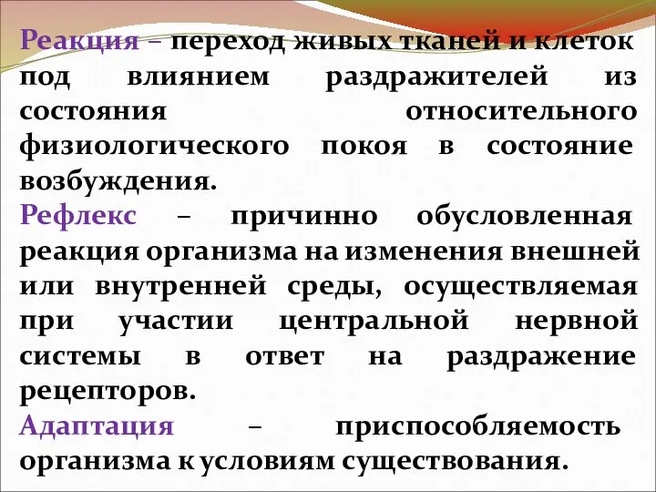 Реакция – переход живых тканей и клеток под влиянием раздражителей из состояния