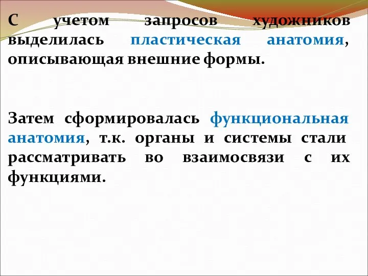 С учетом запросов художников выделилась пластическая анатомия, описывающая внешние формы. Затем сформировалась