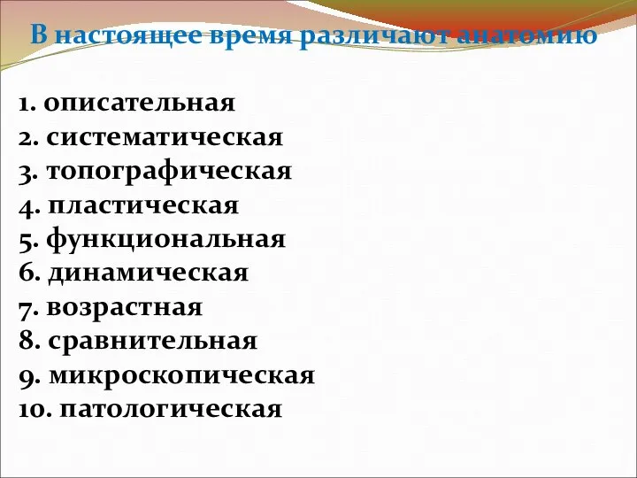 В настоящее время различают анатомию 1. описательная 2. систематическая 3. топографическая 4.