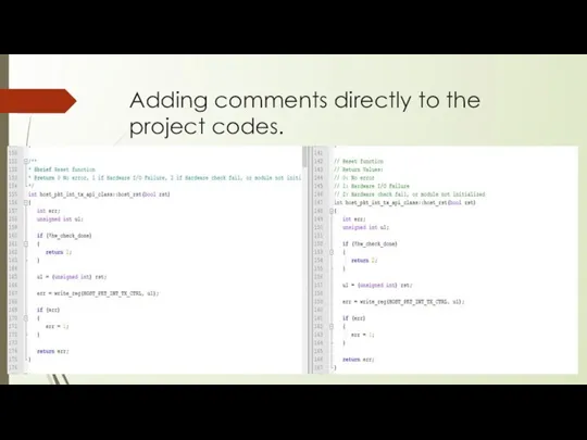 Adding comments directly to the project codes.