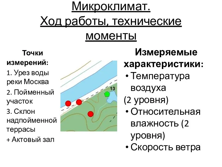 Микроклимат. Ход работы, технические моменты Точки измерений: 1. Урез воды реки Москва