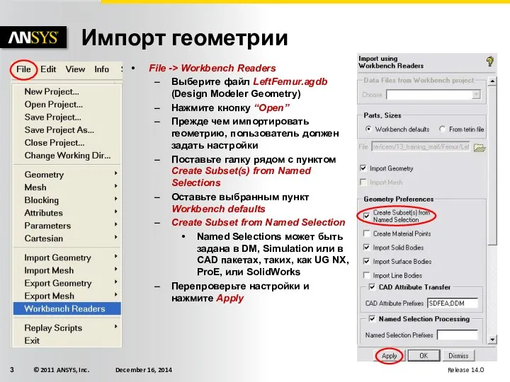 Импорт геометрии File -> Workbench Readers Выберите файл LeftFemur.agdb (Design Modeler Geometry)