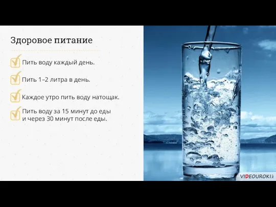 Здоровое питание Пить воду каждый день. Пить 1–2 литра в день. Каждое