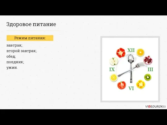 Здоровое питание Режим питания: завтрак; второй завтрак; обед; полдник; ужин.