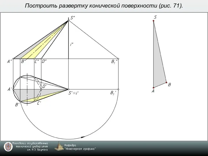 Построить развертку конической поверхности (рис. 71).