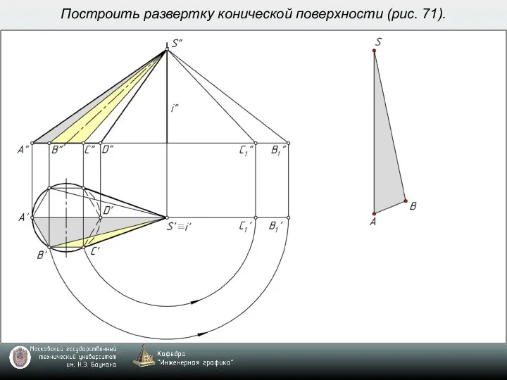 Построить развертку конической поверхности (рис. 71).