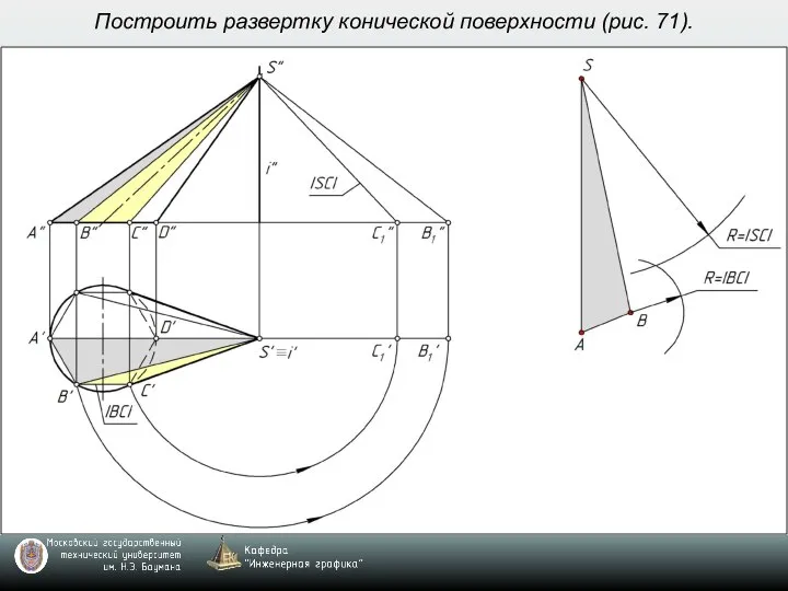 Построить развертку конической поверхности (рис. 71).