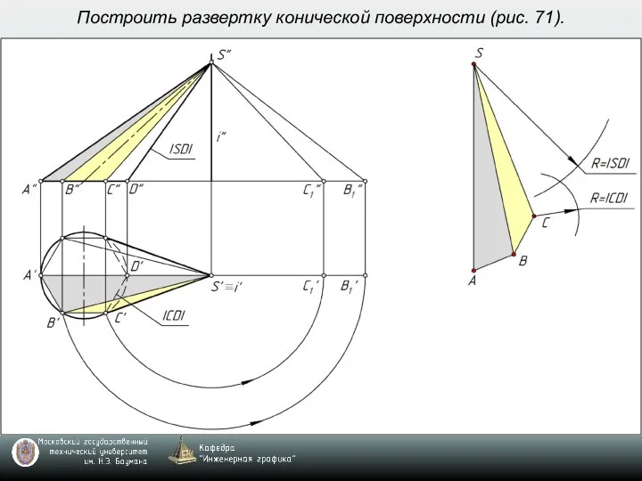 Построить развертку конической поверхности (рис. 71).