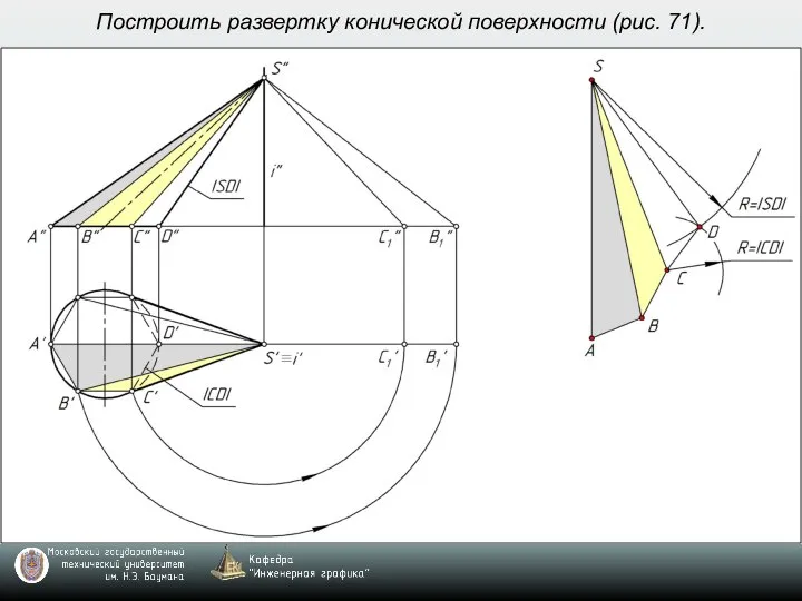 Построить развертку конической поверхности (рис. 71).