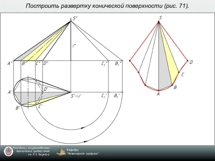 Построить развертку конической поверхности (рис. 71).