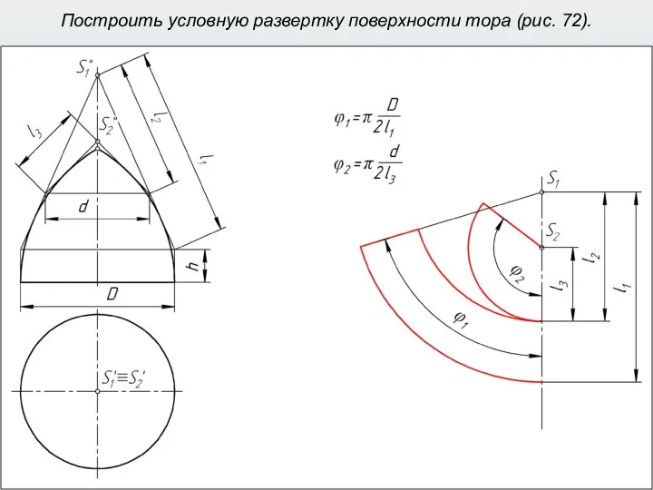 Построить условную развертку поверхности тора (рис. 72).