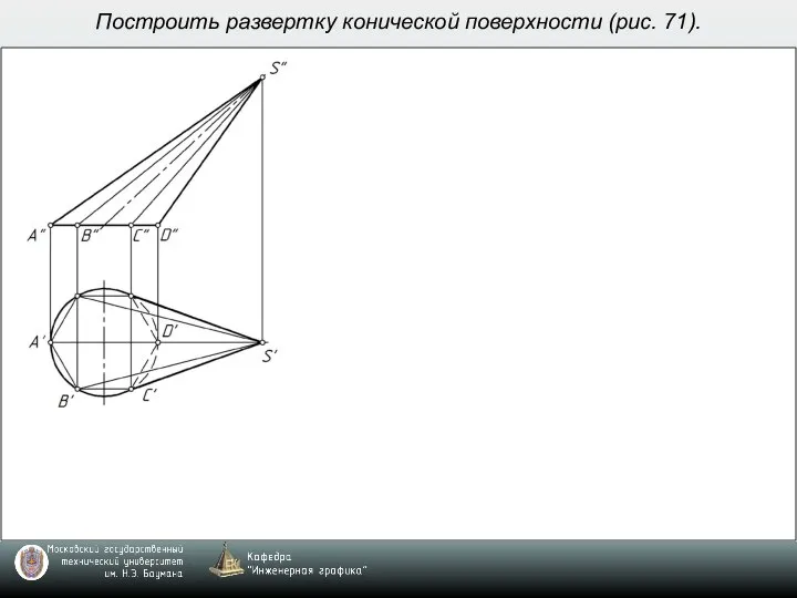 Построить развертку конической поверхности (рис. 71).