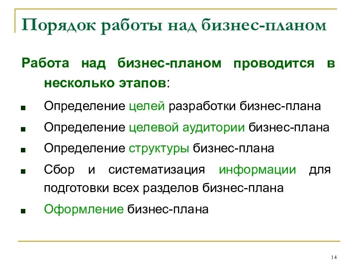 Порядок работы над бизнес-планом Работа над бизнес-планом проводится в несколько этапов: Определение