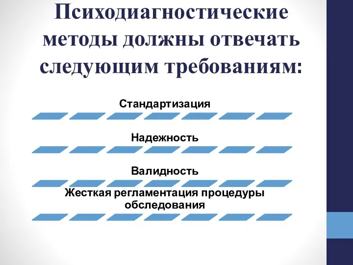 Психодиагностические методы должны отвечать следующим требованиям: