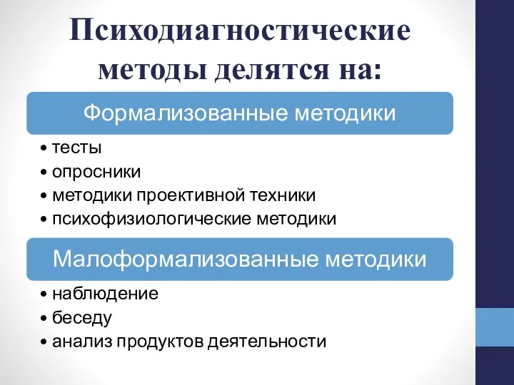 Психодиагностические методы делятся на: