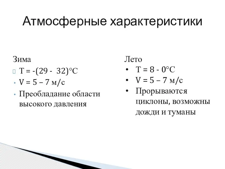 Зима Т = -(29 - 32)°С V = 5 – 7 м/с