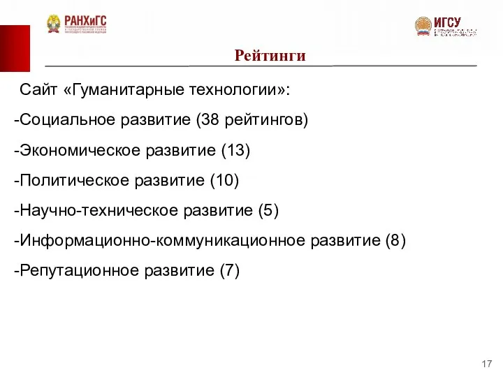 Рейтинги Сайт «Гуманитарные технологии»: Социальное развитие (38 рейтингов) Экономическое развитие (13) Политическое