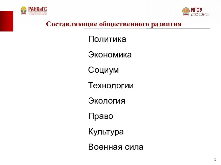 Составляющие общественного развития Политика Экономика Социум Технологии Экология Право Культура Военная сила