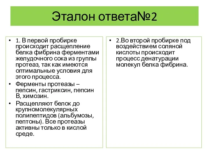 Эталон ответа№2 1. В первой пробирке происходит расщепление белка фибрина ферментами желудочного