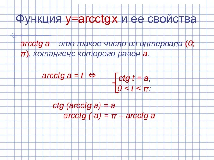 Функция y=arcсtg x и ее свойства arсctg а – это такое число