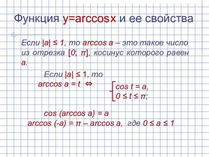 Функция y=arccos x и ее свойства Если |а| ‌‌≤ 1, то arccos