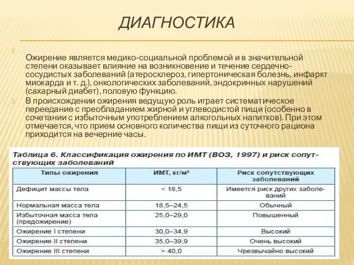 ДИАГНОСТИКА Ожирение является медико-социальной проблемой и в значительной степени оказывает влияние на