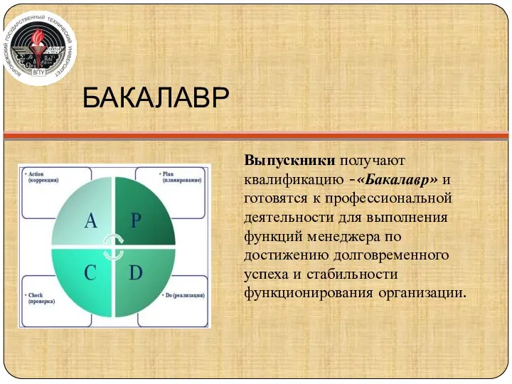 БАКАЛАВР Выпускники получают квалификацию -«Бакалавр» и готовятся к профессиональной деятельности для выполнения