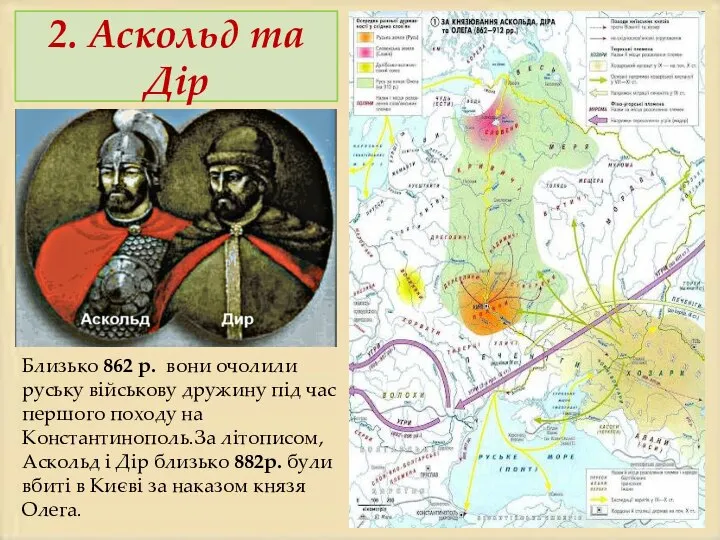 2. Аскольд та Дір Близько 862 р. вони очолили руську військову дружину