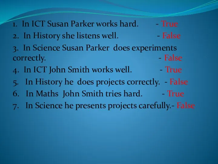 1. In ICT Susan Parker works hard. - True 2. In History