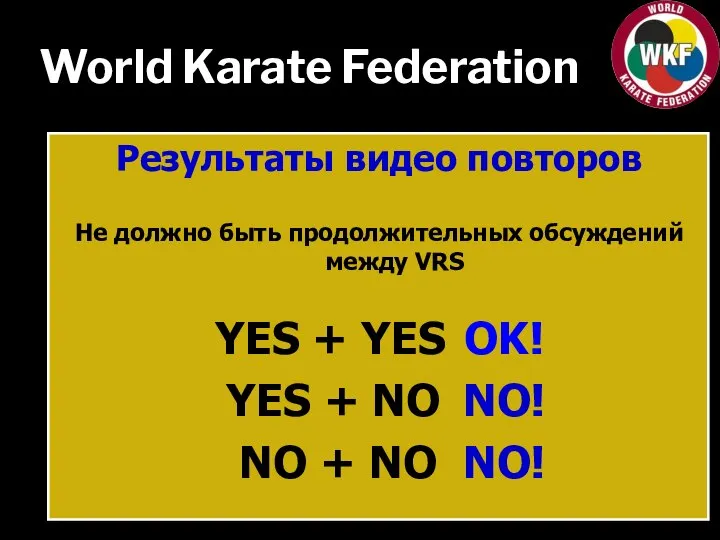 World Karate Federation Результаты видео повторов Не должно быть продолжительных обсуждений между