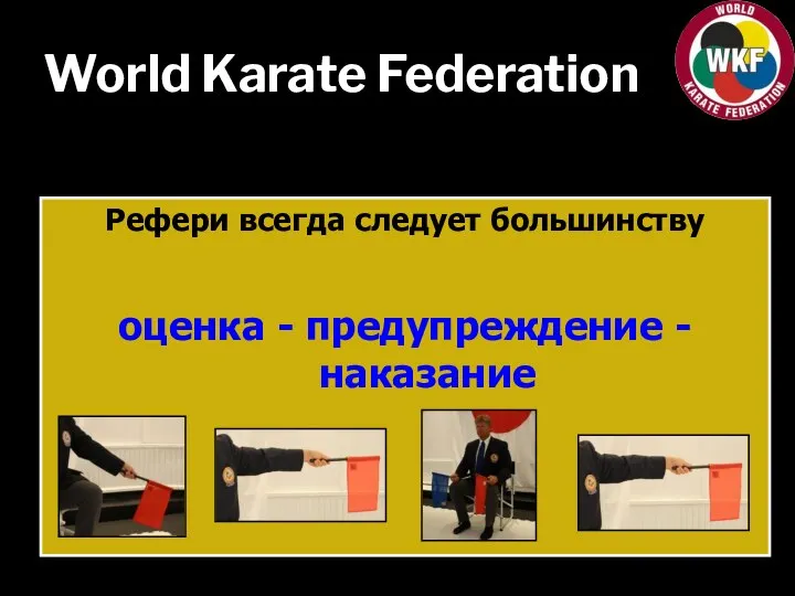 World Karate Federation Рефери всегда следует большинству оценка - предупреждение - наказание