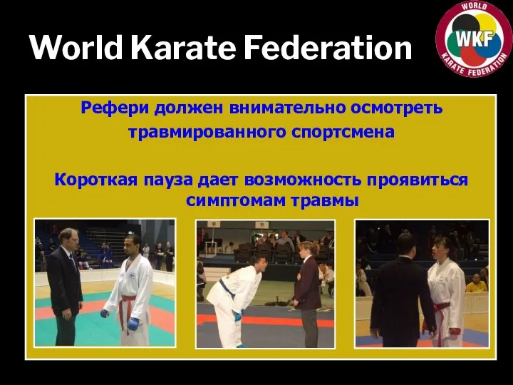 World Karate Federation Рефери должен внимательно осмотреть травмированного спортсмена Короткая пауза дает возможность проявиться симптомам травмы