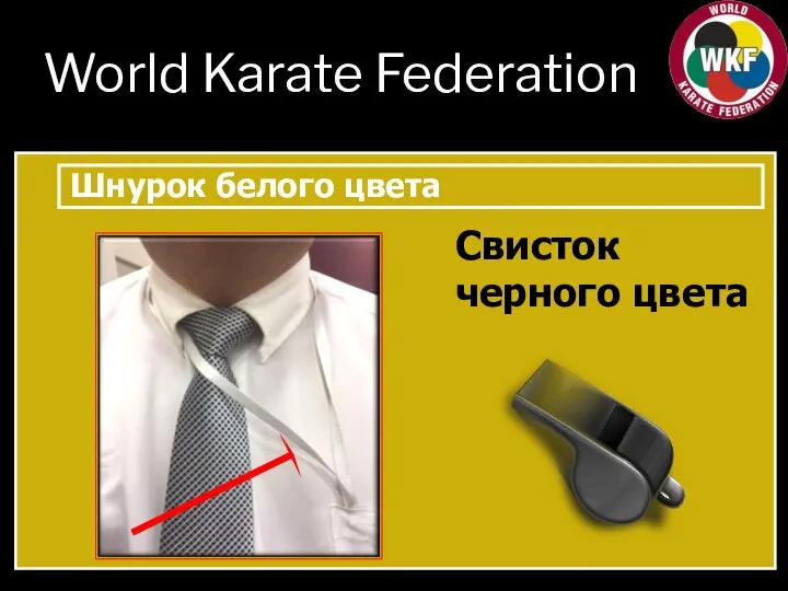 World Karate Federation text Шнурок белого цвета Свисток черного цвета