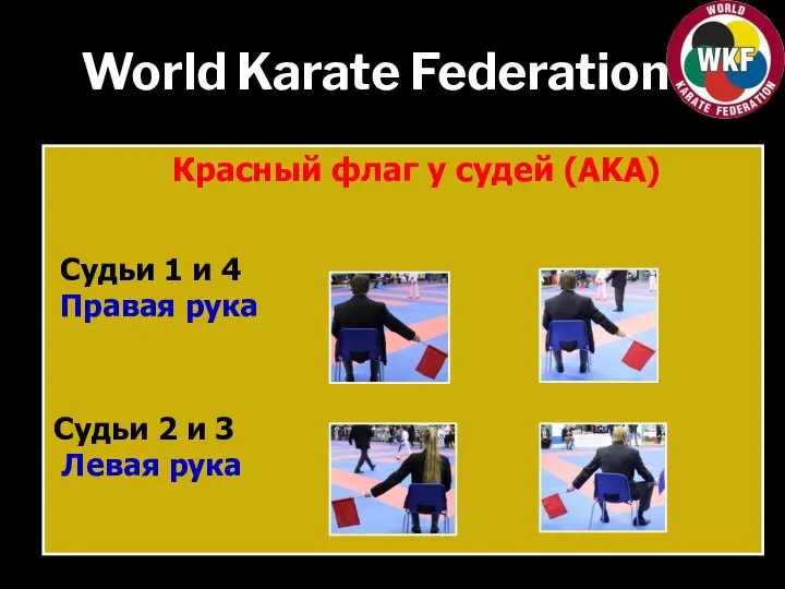World Karate Federation Красный флаг у судей (AKA) Судьи 1 и 4
