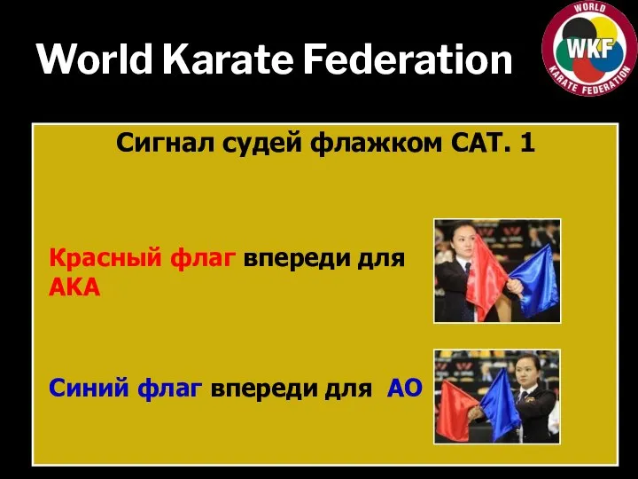 World Karate Federation Сигнал судей флажком CAT. 1 Красный флаг впереди для