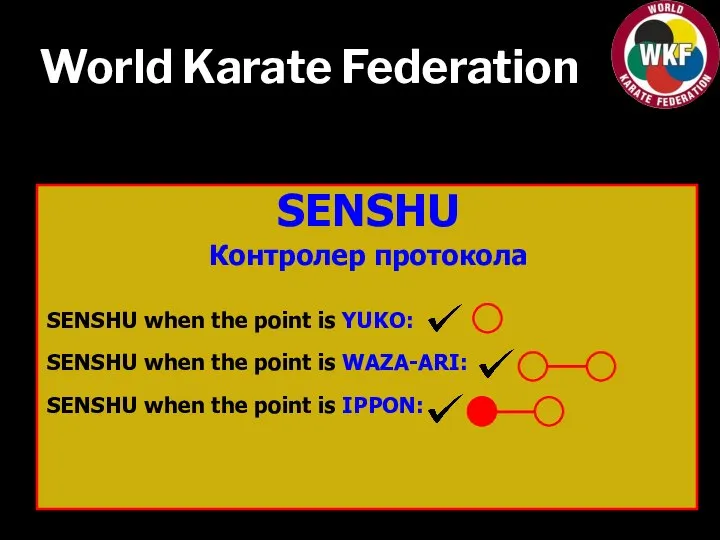 World Karate Federation SENSHU Контролер протокола SENSHU when the point is YUKO: