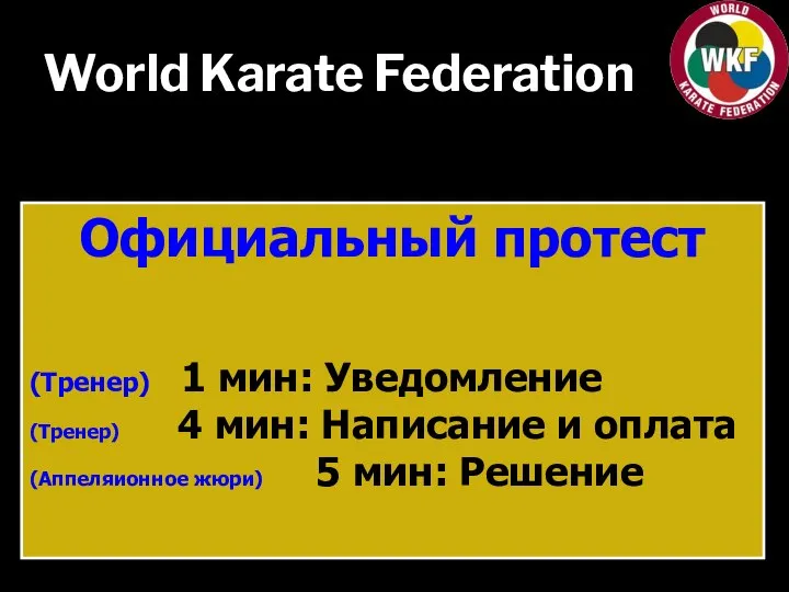 World Karate Federation Официальный протест (Тренер) 1 мин: Уведомление (Тренер) 4 мин: