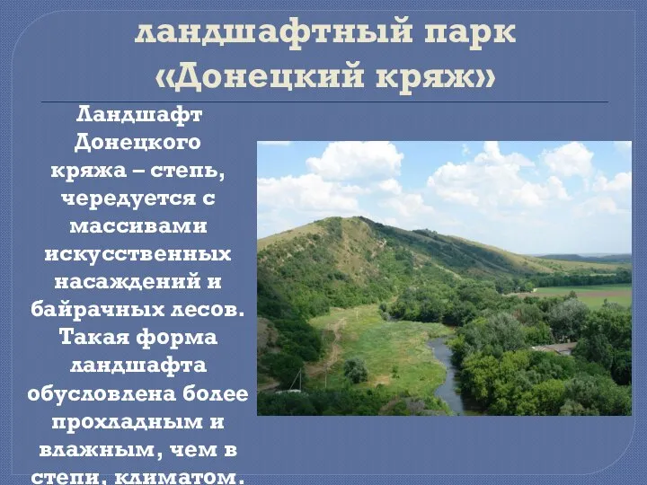 Региональный ландшафтный парк «Донецкий кряж» Ландшафт Донецкого кряжа – степь, чередуется с