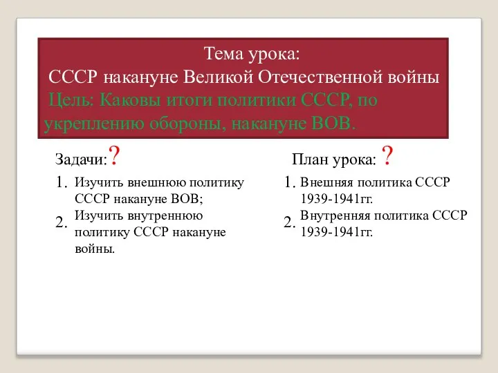 Тема урока: СССР накануне Великой Отечественной войны Цель: Каковы итоги политики СССР,