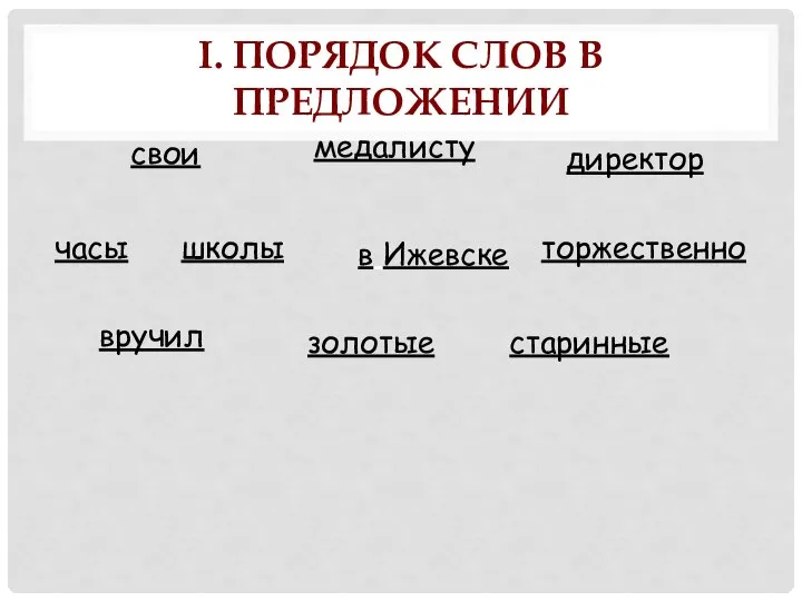 I. ПОРЯДОК СЛОВ В ПРЕДЛОЖЕНИИ в Ижевске директор школы торжественно вручил медалисту часы свои старинные золотые