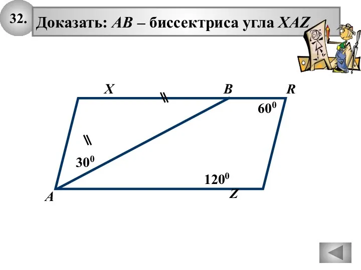 32. Доказать: АВ – биссектриса угла XAZ X А В 600 300 1200 R Z