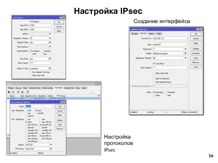 Настройка IPsec Создание интерфейса Настройка протоколов IPsec