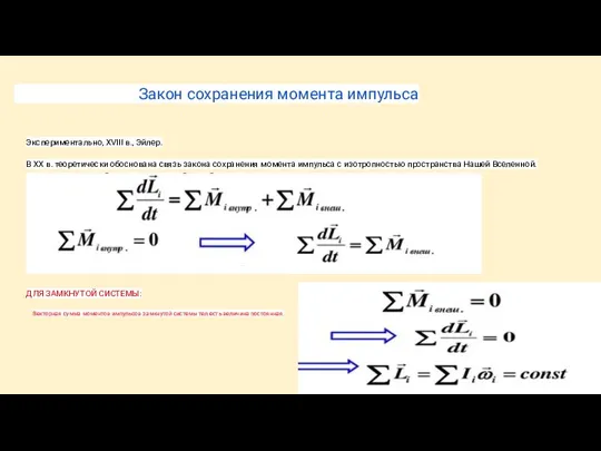 Закон сохранения момента импульса Экспериментально, XVIII в., Эйлер. В ХХ в. теоретически