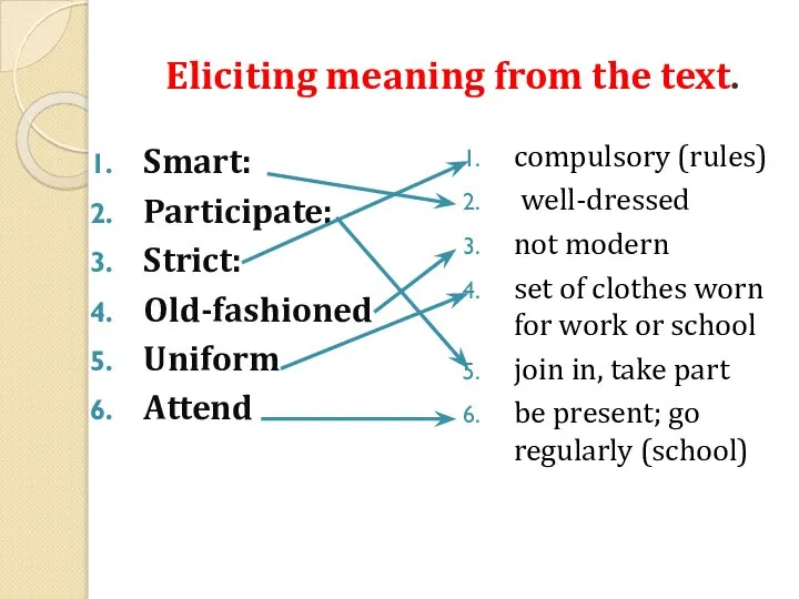 Eliciting meaning from the text. Smart: Participate: Strict: Old-fashioned Uniform Attend compulsory