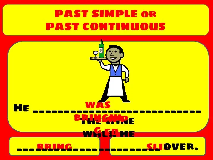PAST SIMPLE or PAST CONTINUOUS bring slip He ___________________________ the wine when