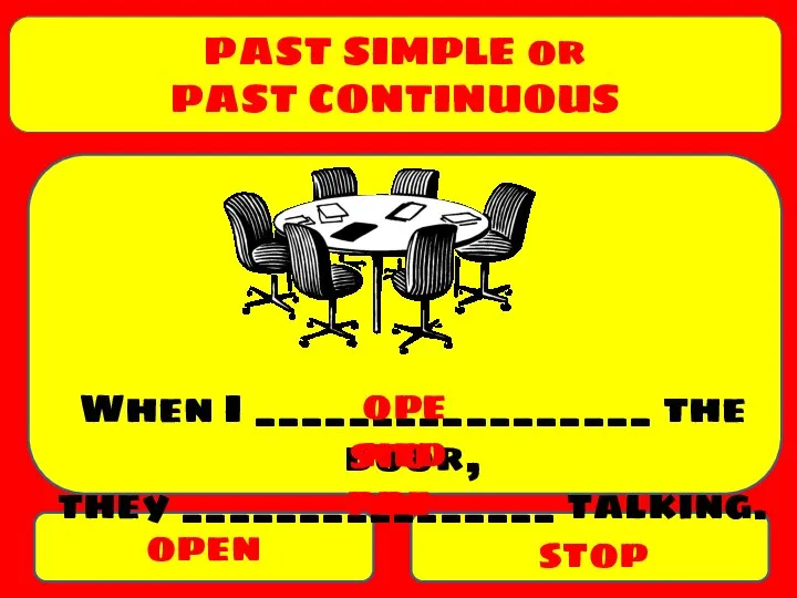 PAST SIMPLE or PAST CONTINUOUS open stop When I _________________ the door,
