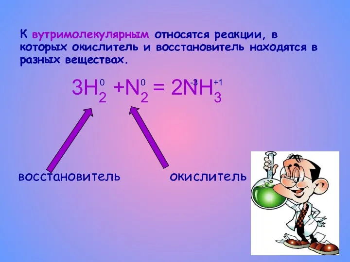 К вутримолекулярным относятся реакции, в которых окислитель и восстановитель находятся в разных