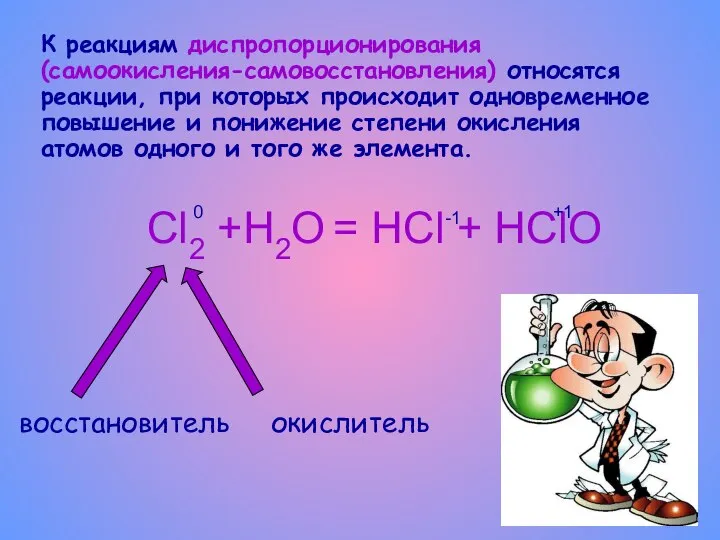 К реакциям диспропорционирования (самоокисления-самовосстановления) относятся реакции, при которых происходит одновременное повышение и